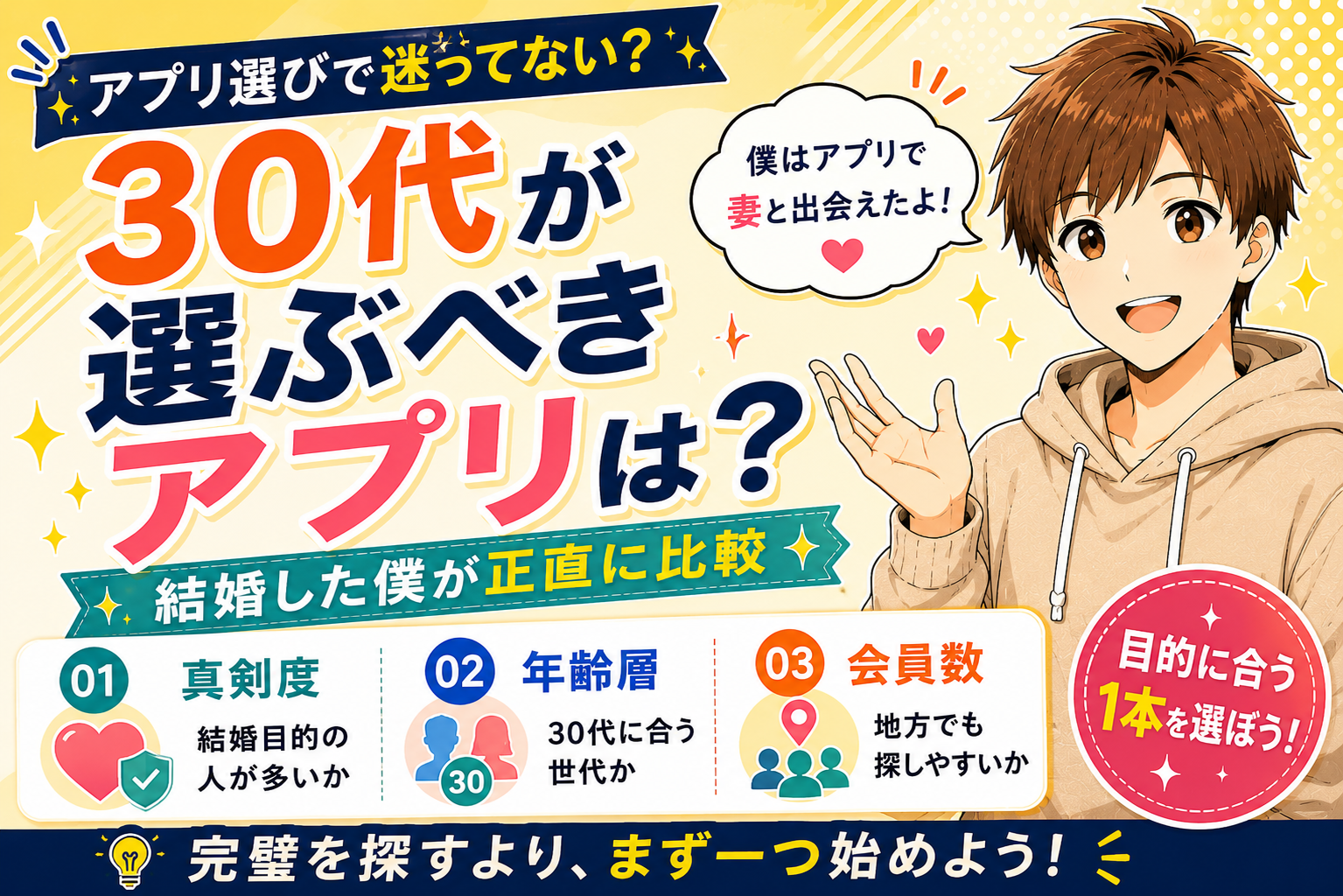 30代男性が選ぶべきマッチングアプリは？【2ヶ月で妻と出会った僕が正直に比較】
