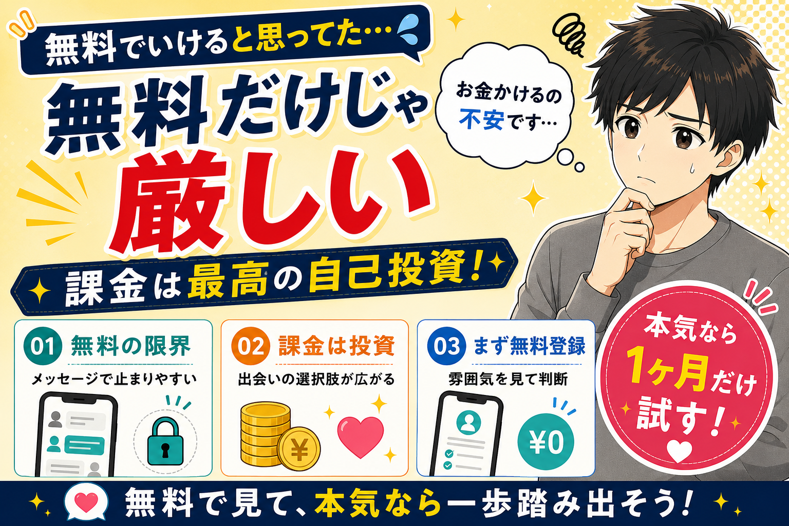 マッチングアプリは無料でいける？男性が課金すべきか実体験で解説